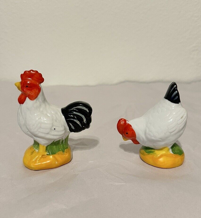 Set of Two Vintage Ceramic Rooster and Hen Figurines Chickens Decor Farmhouse