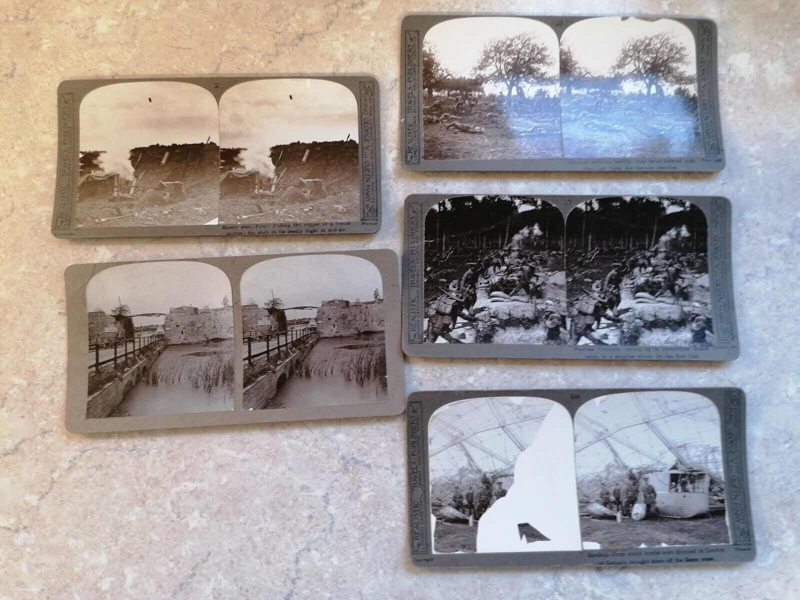 STEREOSCOPIC PHOTOS X5 WWI YPRES ZEPPLIN BOMBER COLONIALS GERMAN TRENCHES 1914