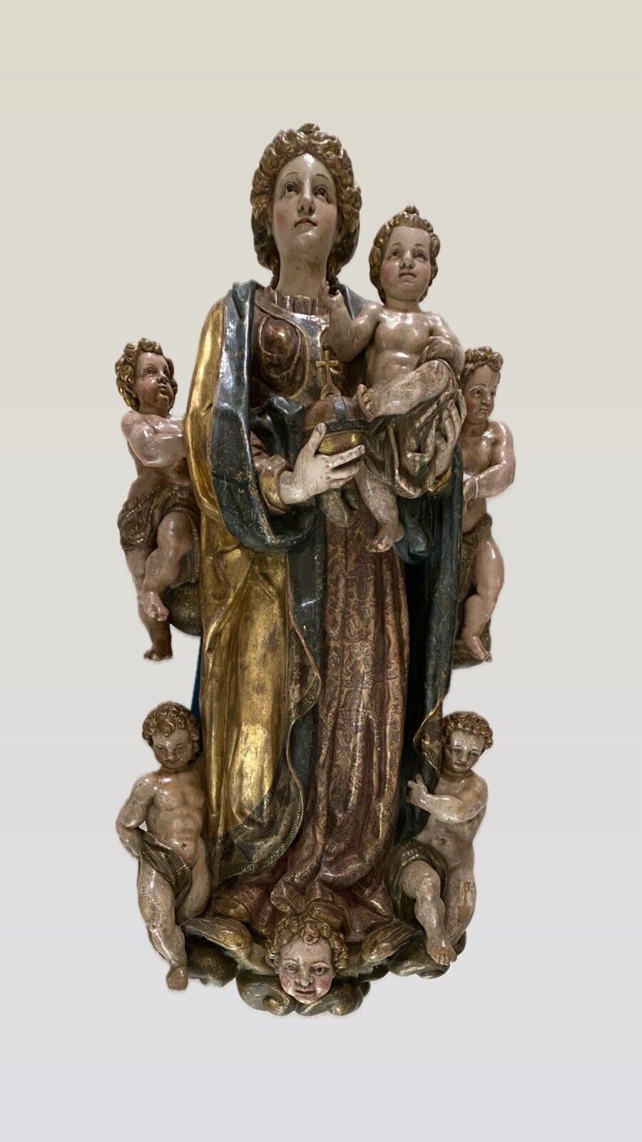 5 ft Monumental Antique Polychrome Painted Madonna & 5 Childs,Wood Carved Spain.