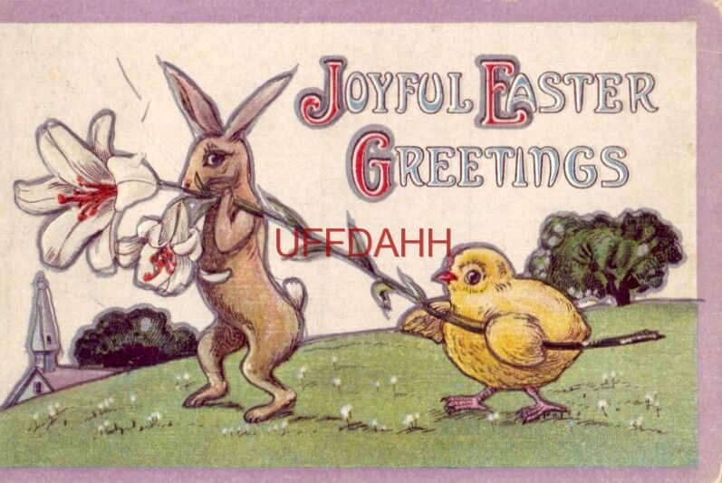 JOYFUL EASTER GREETINGS rabbit and chick carrying Easter lily Embossed