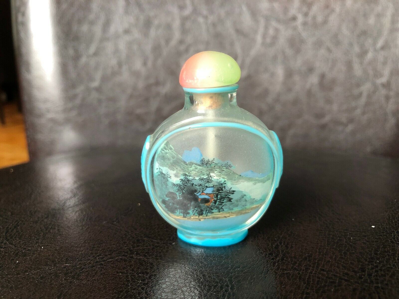 Old Vnt.Perfume/Snuff Oriental Motive Glass Bottle w/Bloody Jade Cap & Baby Roya