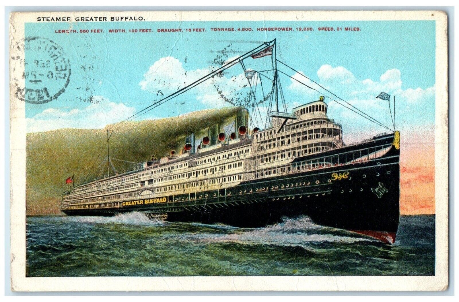 1930 Steamer Greater Buffalo Cruise Detroit Michigan MI Antique Vintage Postcard