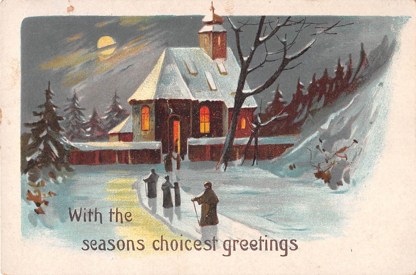 1914 Christmas PC of Moonlight Shining On People Walking Thru Snow to Church