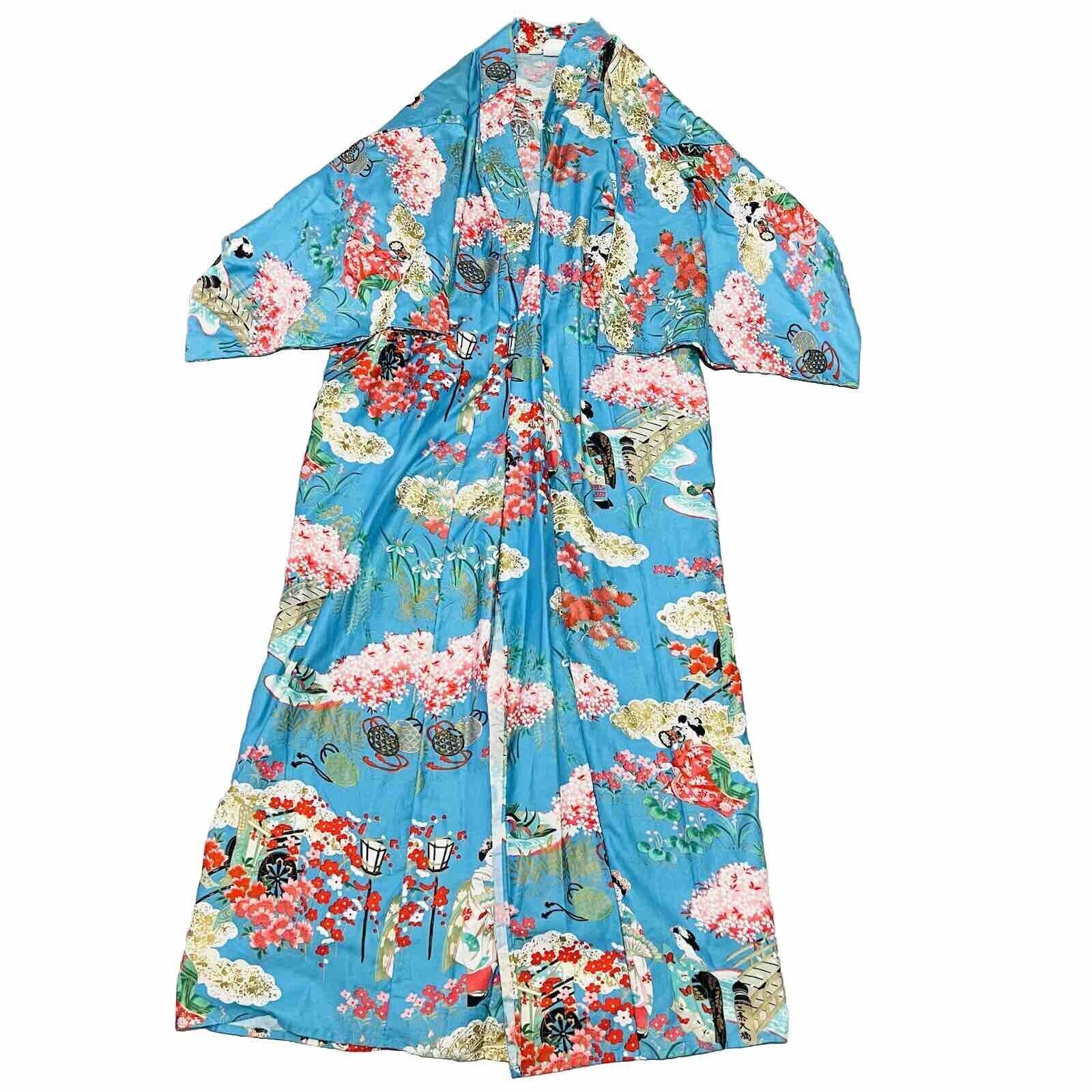 VTG Ichiban Blue Asian Oriental Floral Japan Kimono Open Front Robe -3L 50\