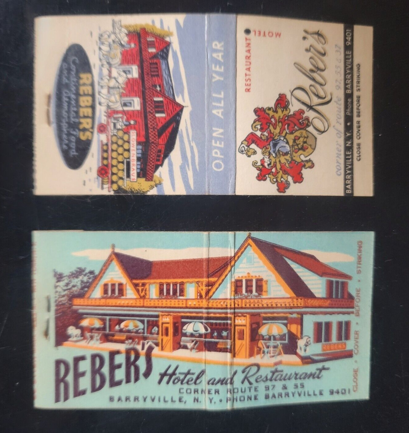 Two REBER\'S Restaurant/Motel Barryville NY  30 Stick Matchbooks LION 1940s/50s