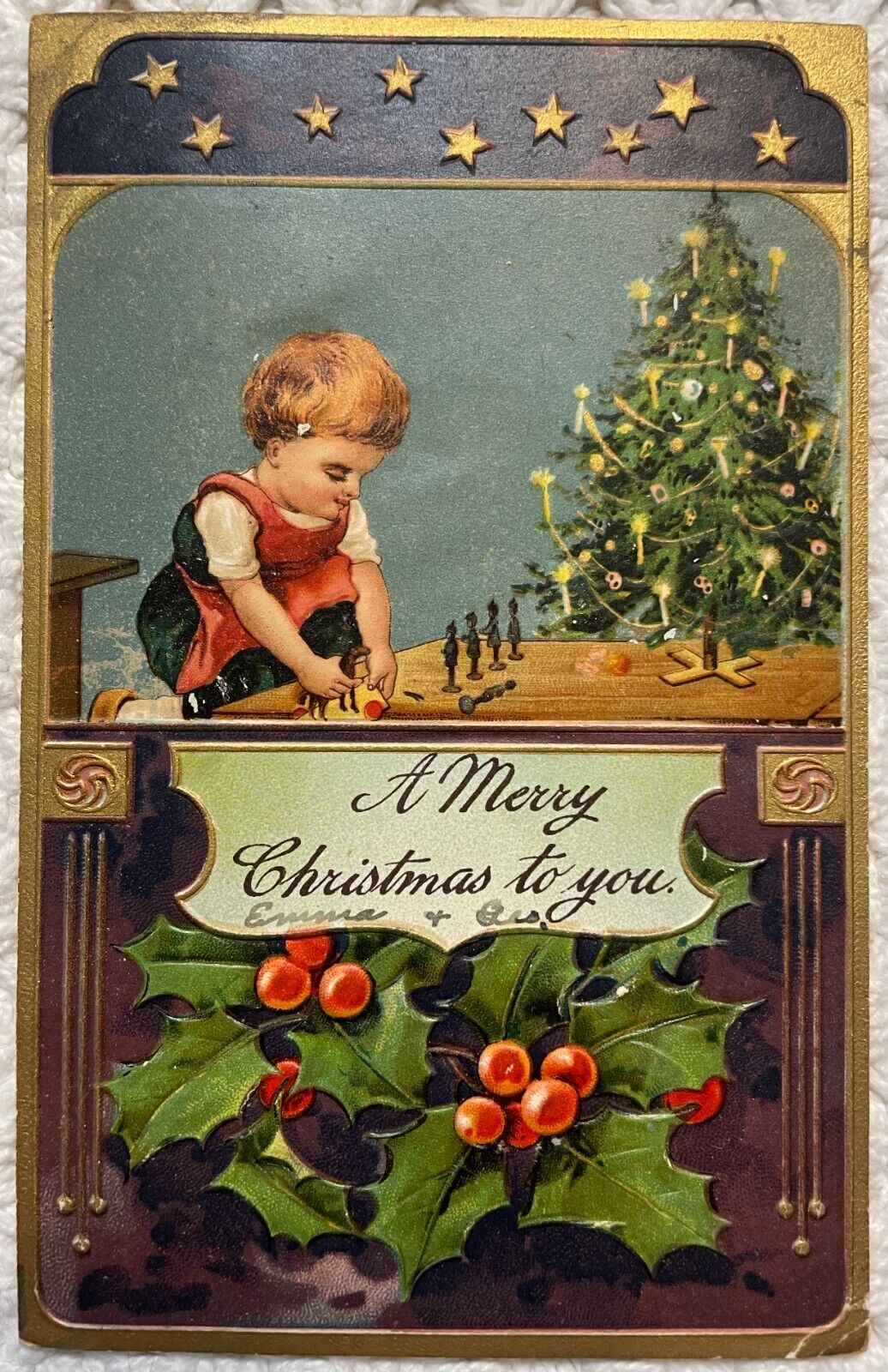 Merry Christmas Postcard Child Playing w/Toy Soldiers Germany