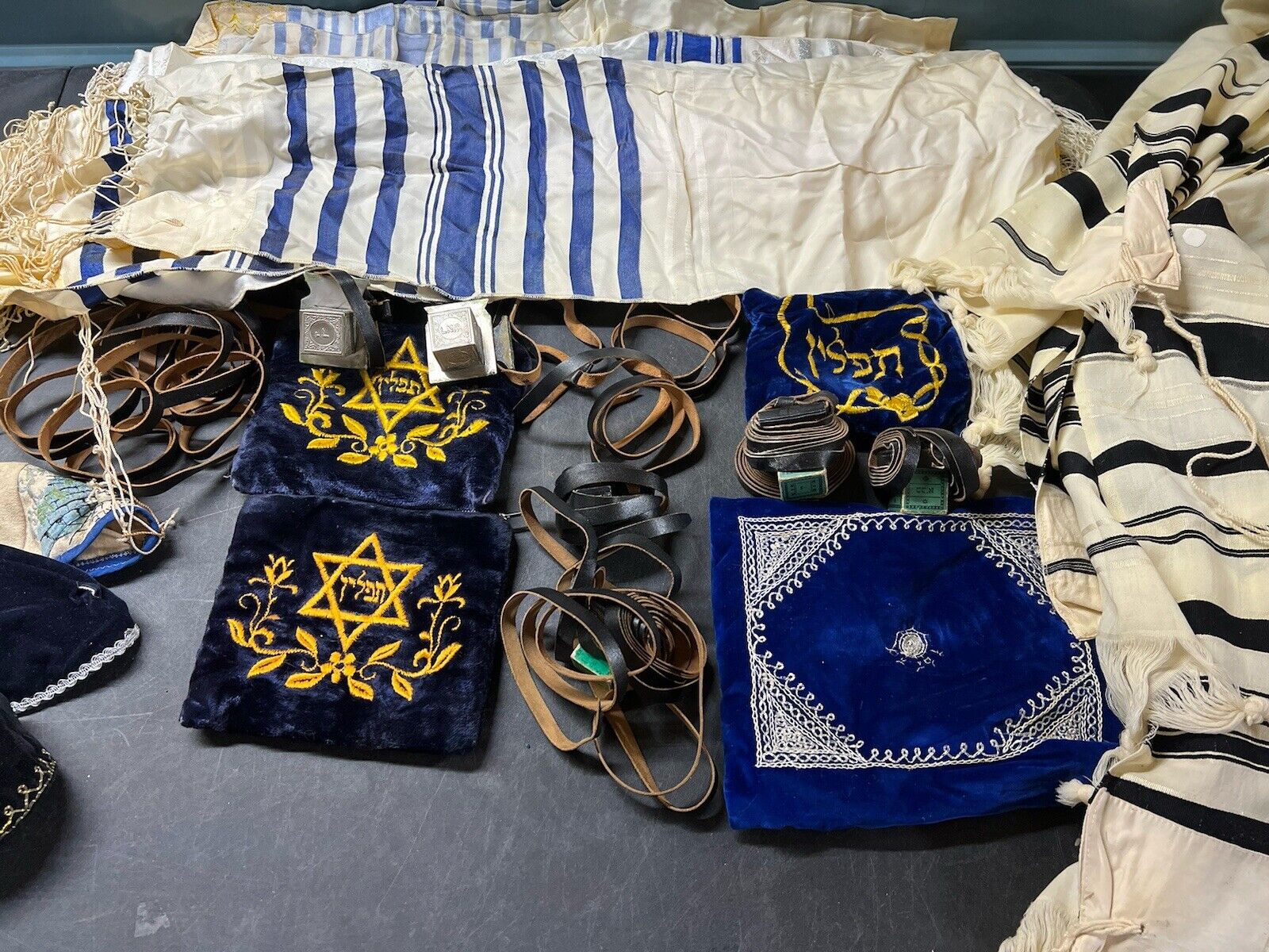 SET Leather TEFILLIN & Tallit Velvet Vintage Jewish Judaica Israel Shaw Bag Lot