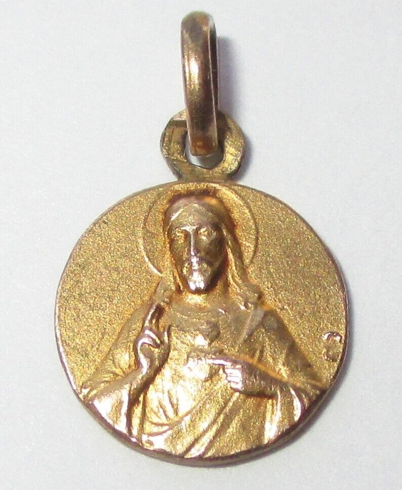 SMALL VINTAGE ANTIQUE GOLD FILLED VIRGIN MARY JESUS SACRED HEART MEDAL CHARM