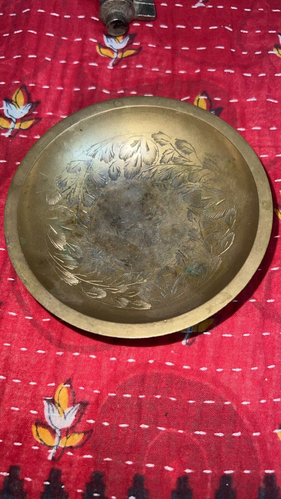 Vintage Brass Footed Bowl Floral Leaf etched/ India 
