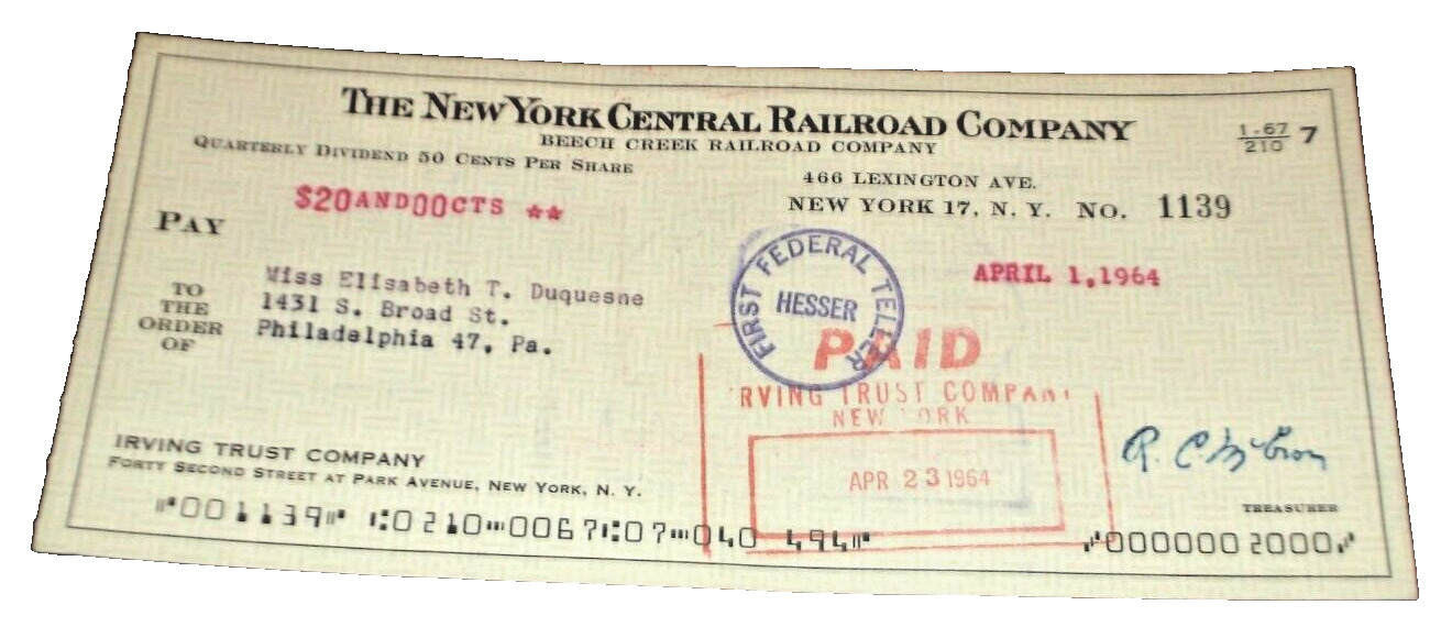 APRIL 1964 BEECH CREEK RAILROAD COMPANY NYC NEW YORK CENTRAL CHECK #1139