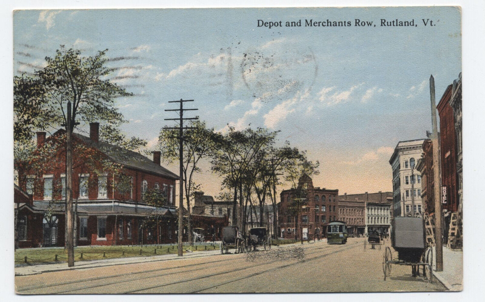 1914 Depot and Merchants Row Rutland VT postcard [s.5647]
