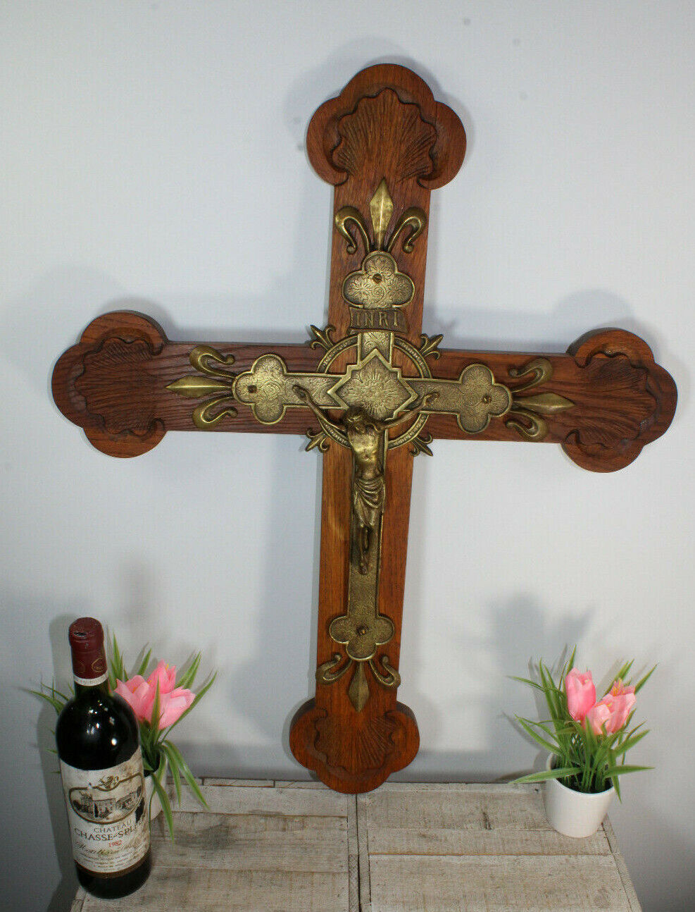 Rare Antique XL Church wood carved bronze crucifix fleur de lys symbol 
