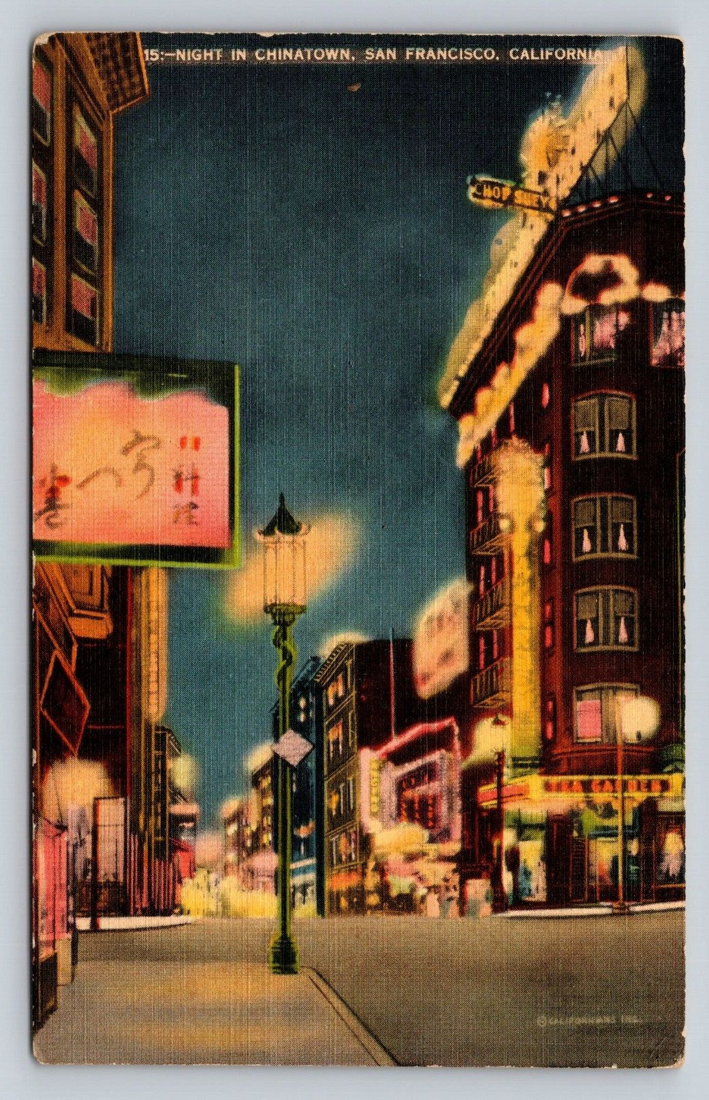c1930s Night in Chinatown San Francisco Lit Up Tea Garden Chop Suey Vintage PC