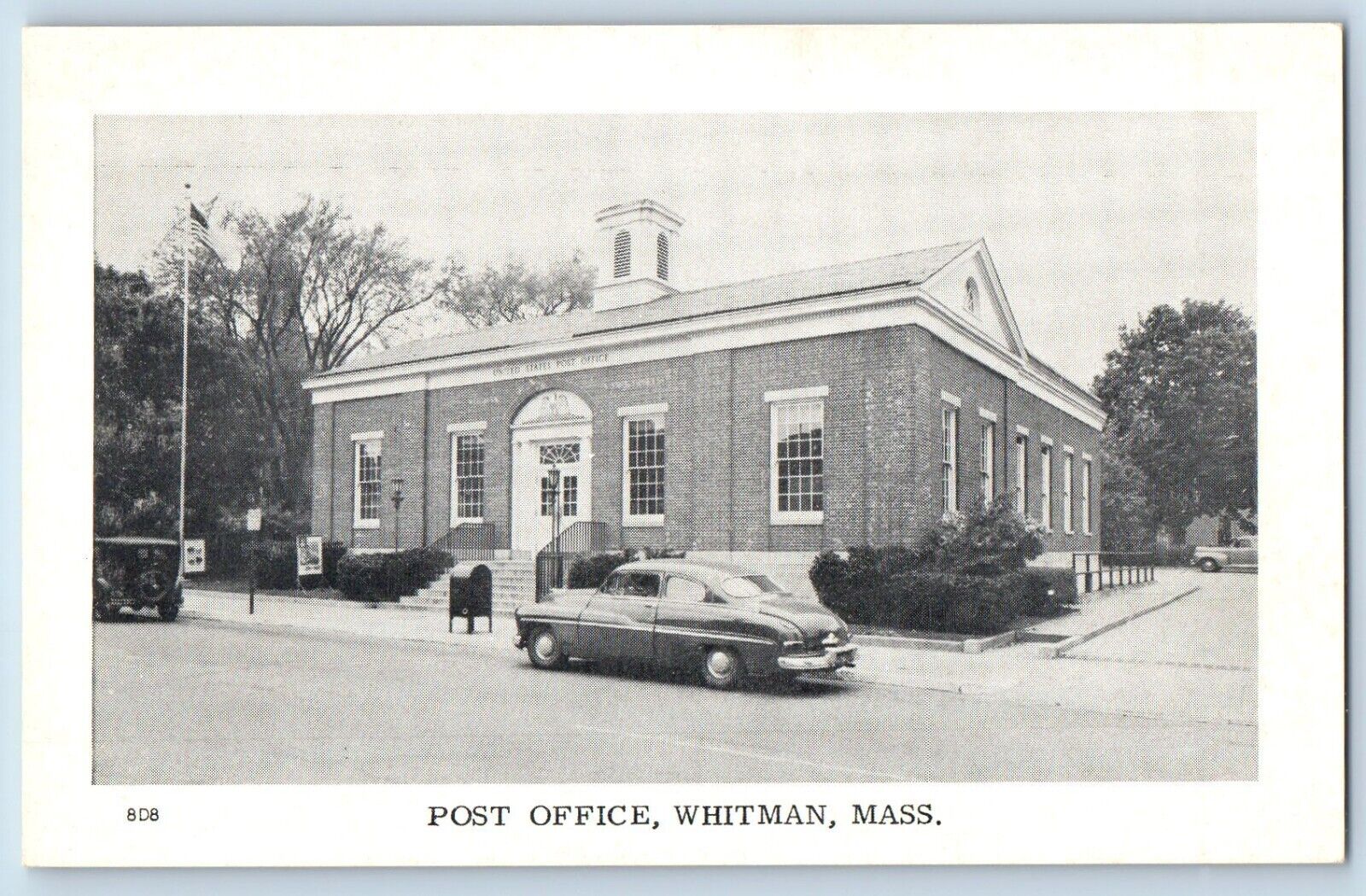 Whitman Massachusetts MA Postcard Post Office Building Classic Car 1940 Vintage