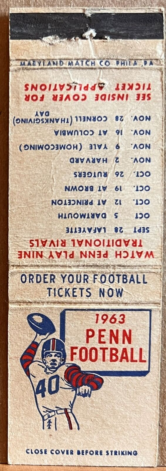 1963 University of Pennsylvania PENN Football Schedule Vintage Matchbook Cover