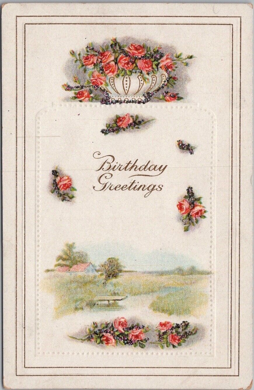Vintage HAPPY BIRTHDAY Greetings Postcard House Scene / Pink Roses / Glitter