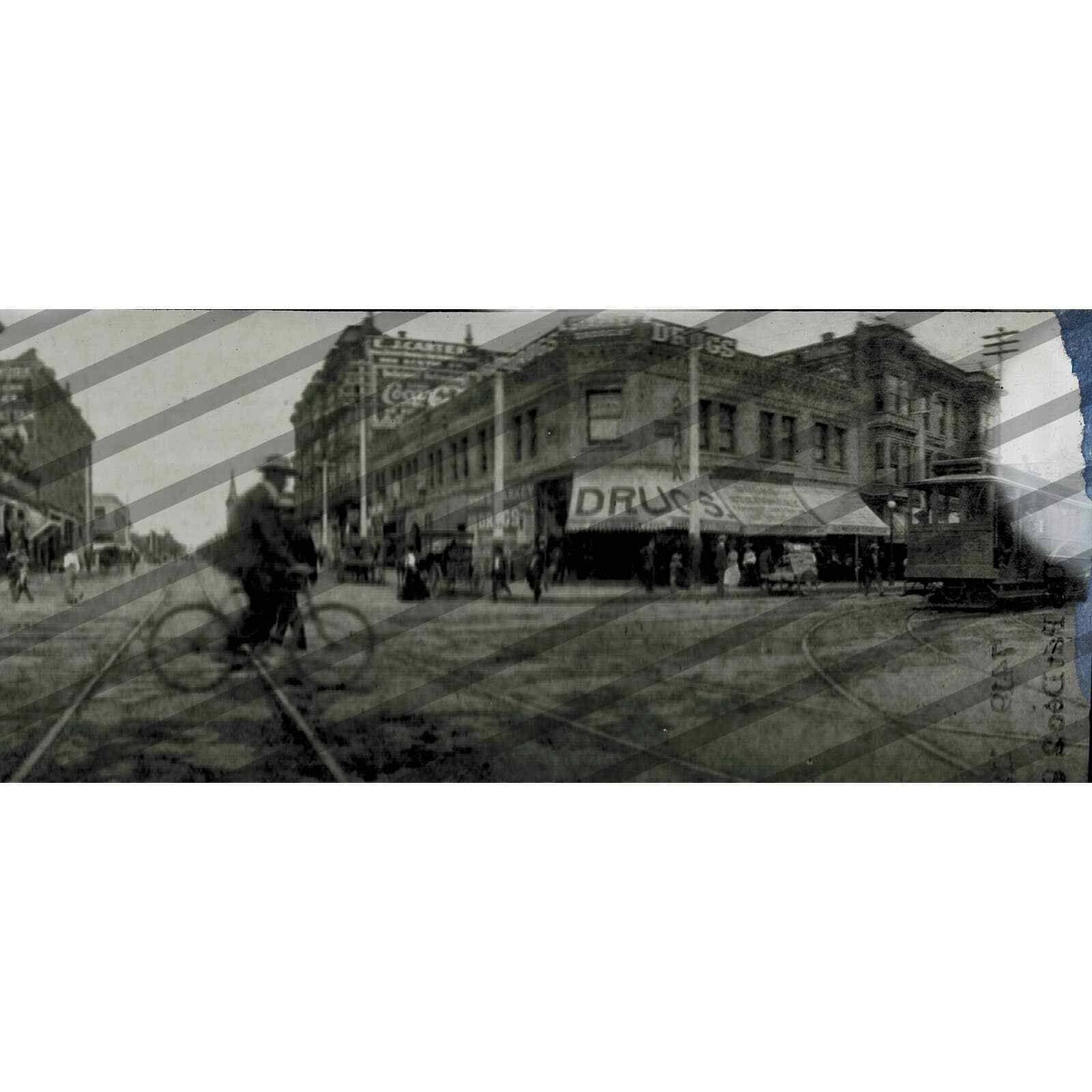 1906 San Diego Downtown Panoramic Photo Negative, Trolley, Man Bicycle OOAK