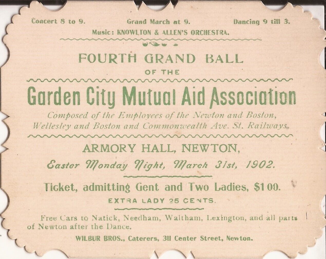 Newton, MA - GRAND BALL TICKET - Garden City Mutual Aid Association 1902