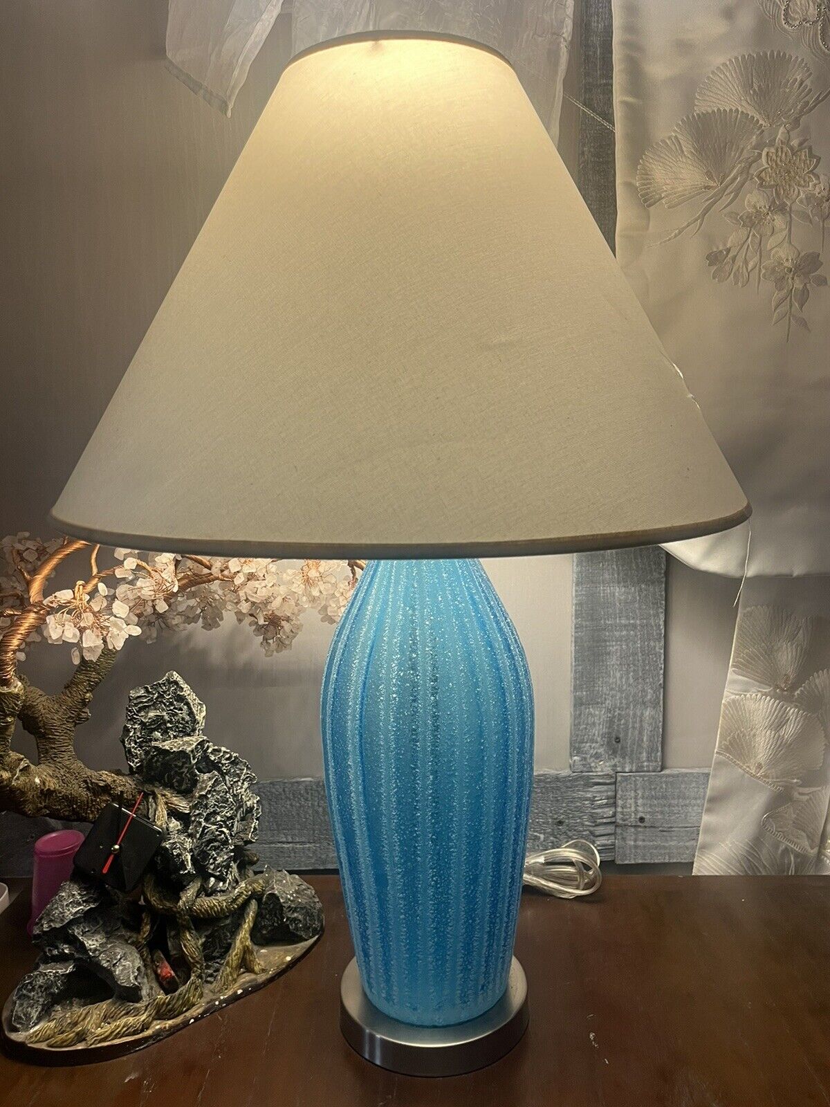 2 Large Gorgeous Blue Aqua Glass Table Lamps white flecked Working Tall