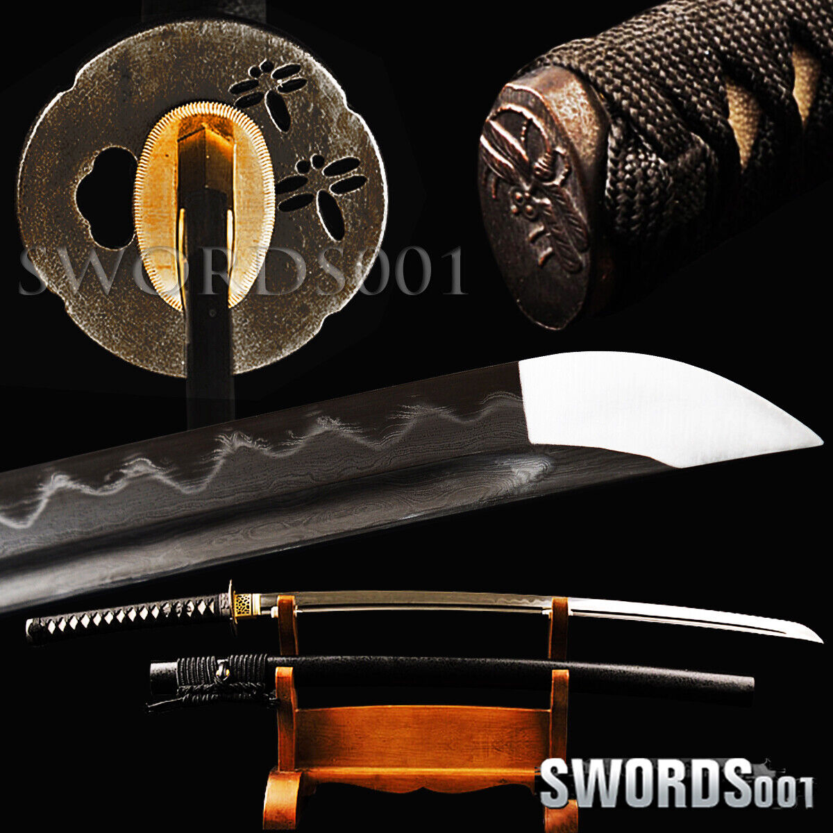 Folded Steel Clay Tempered Japanese Samurai Sword Katana Dragonfly Tsuba Kashira