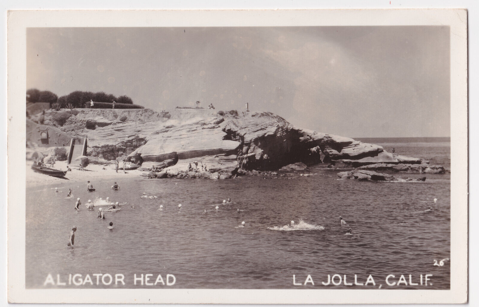 CALIFORNIA LA JOLLA ALIGATOR HEAD AND BEACH REAL PHOTO POSTCARD CIRCA 1948