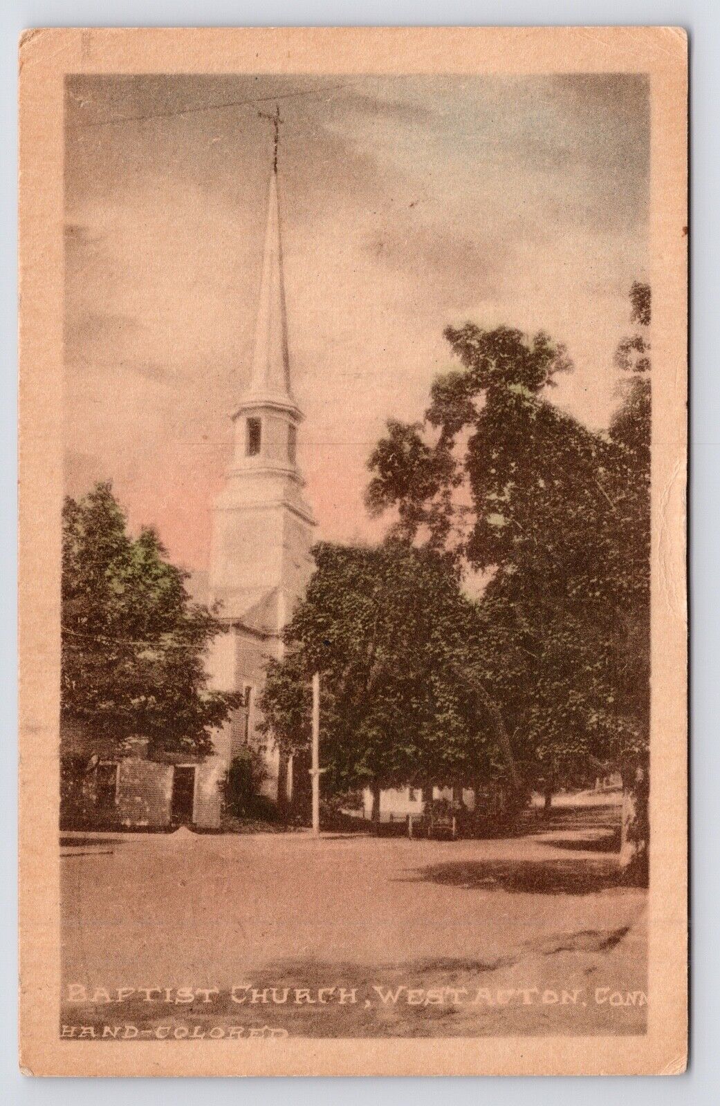 c1920s~West Acton Mass MA~First Baptist Church~Hand Colored~Antique VTG Postcard