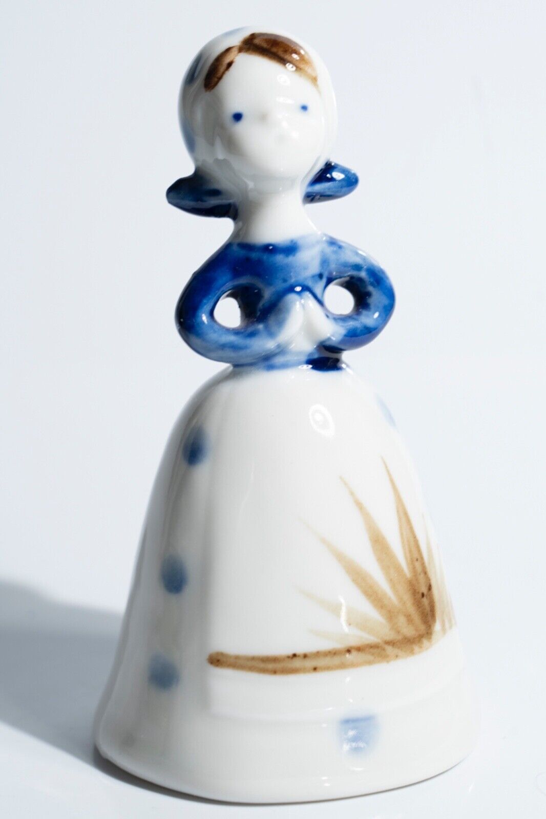 Vintage Blue and White Dutch Porcelain Bell Female Figure with Polka Dot Dress
