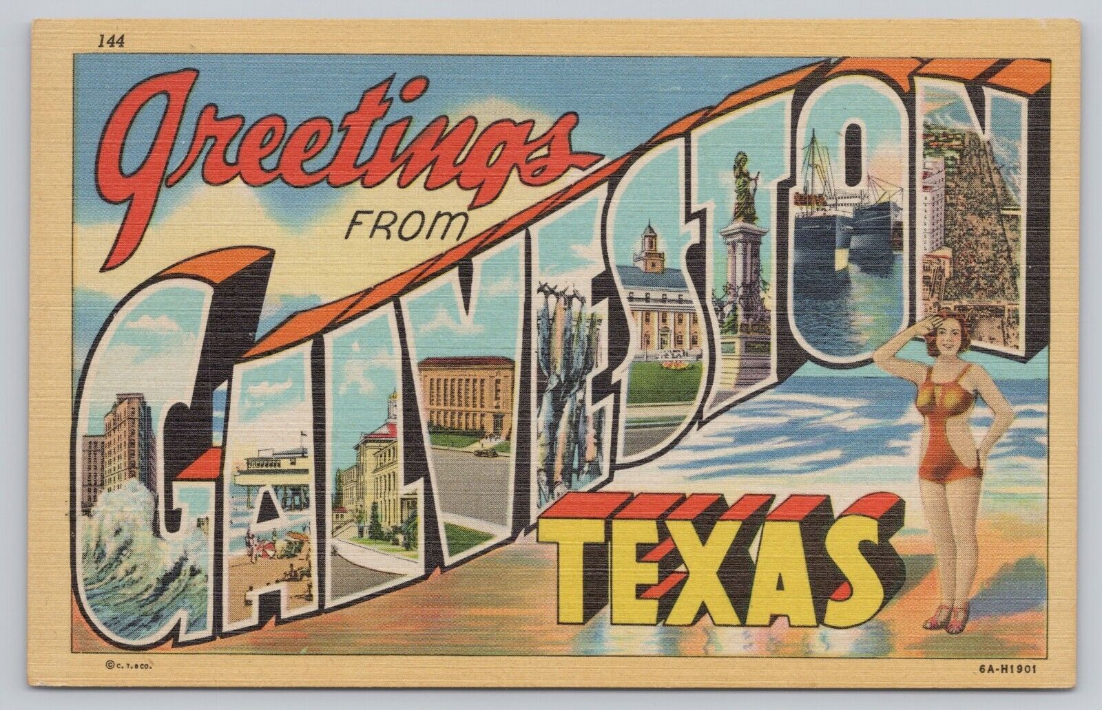 Galveston Texas, Large Letter Greetings, Girl Swimsuit Beach, Vintage Postcard