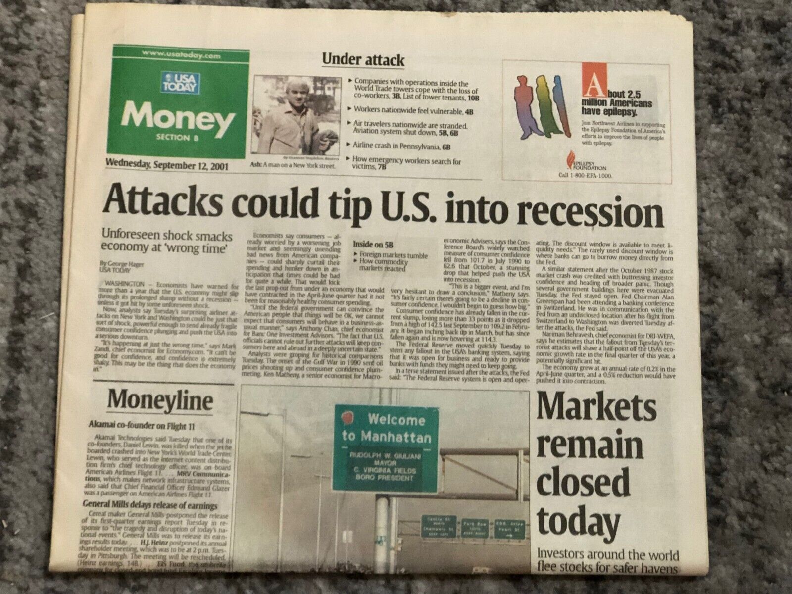 9/11 USA Today Money News Section September 11, 2001 Terrorist Attack Recession