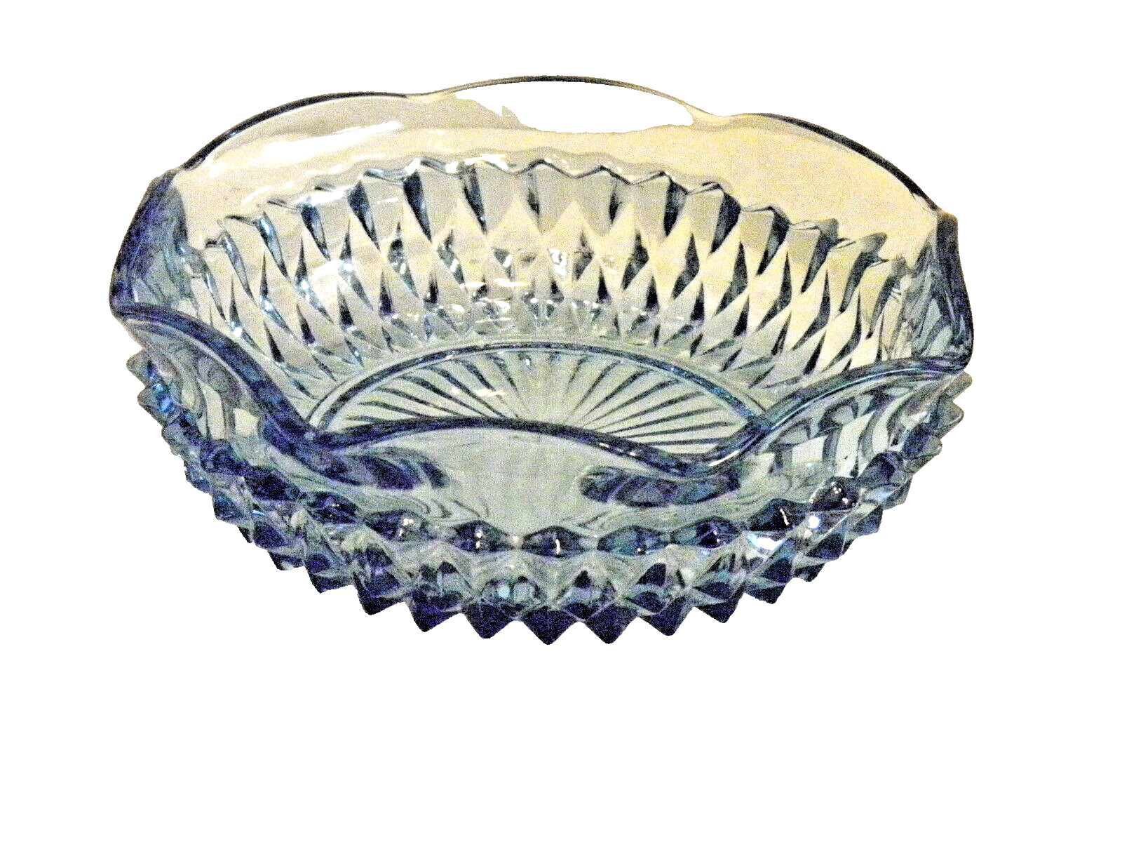 Vintage Indiana Glass Blue Carnival Starburst Diamond Point Ruffled Edge Bowl