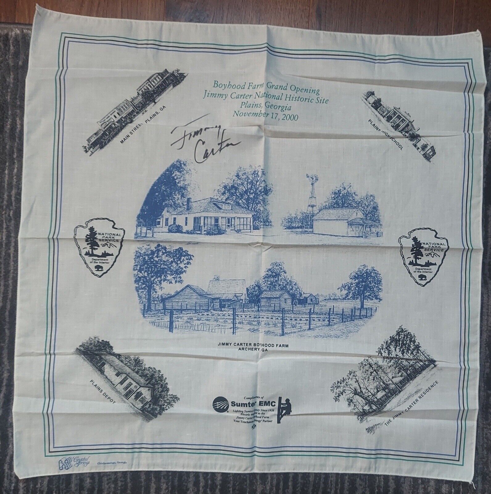 Jimmy Carter Signed 23x23 Scarf Celebrating Openng of Boyhood Farm Autographed