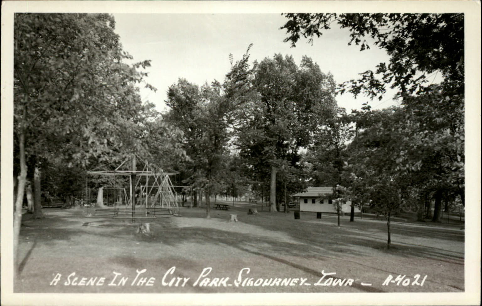 RPPC Sigourney Iowa City Park playground ~ swingset merry-go-round ~ postcard