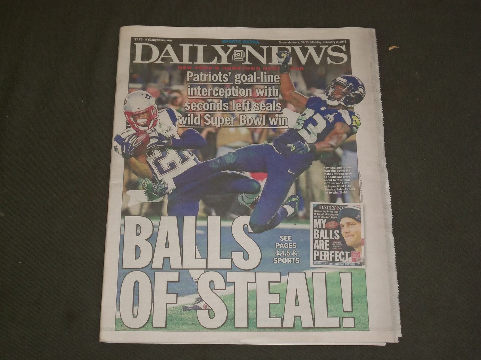 2015 FEBRUARY 2 NEW YORK DAILY NEWS - PATRIOTS WIN SUPER BOWL - BALLLS OF STEAL