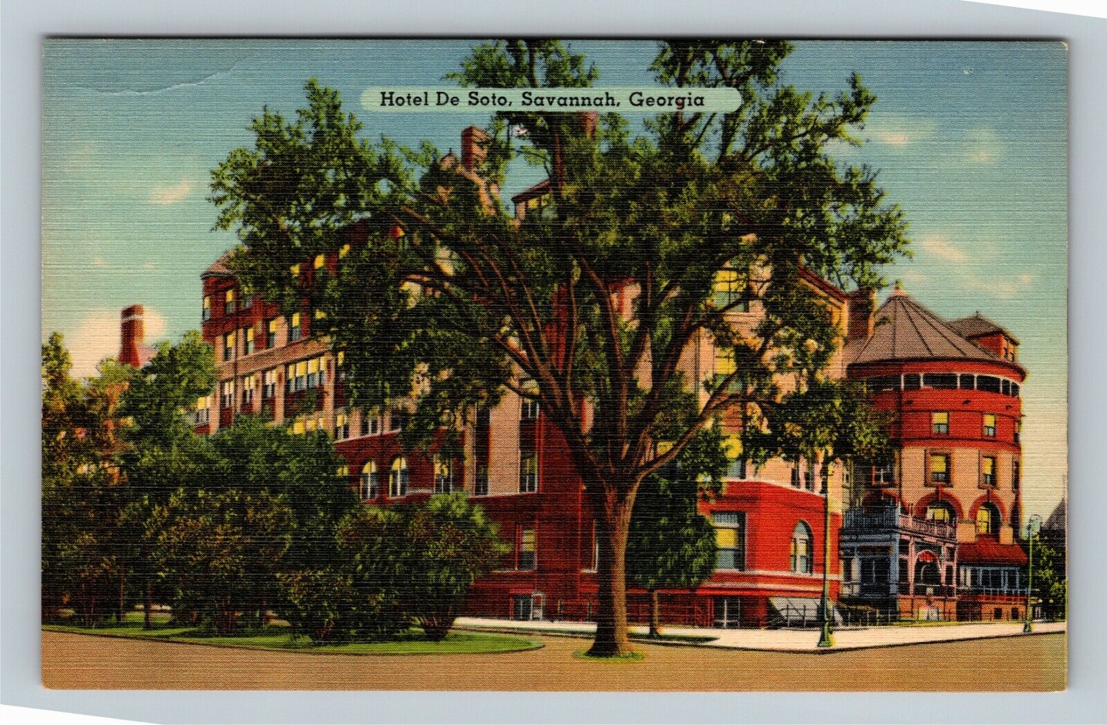 Savannah GA, Historic Hotel De Soto, Street View Entrance Linen Georgia Postcard