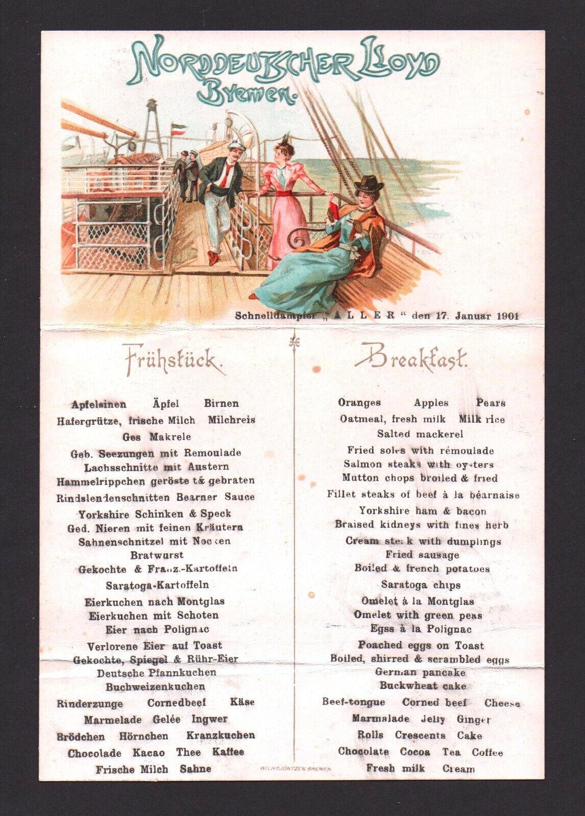 1901 Postcard Menu Norddeutscher Lloyd Bremen Aller Steamship Chromolithograph
