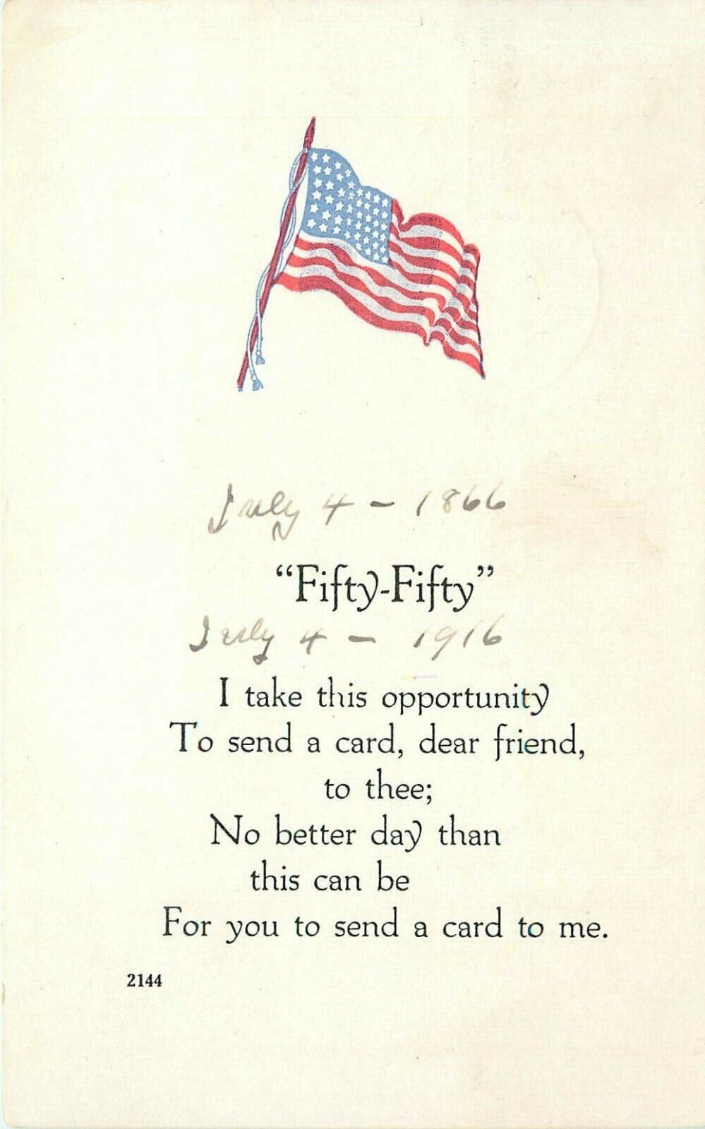 Fifty Fifty Poem United States Flag July 4th Indepence Day pm pm 1916 Postcard