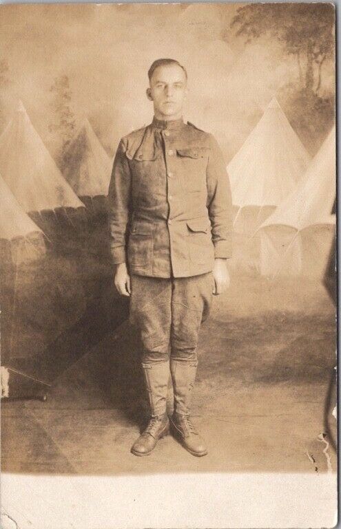 c1910s DES MOINES Iowa Photo RPPC Postcard Soldier in Uniform / Reed Studio