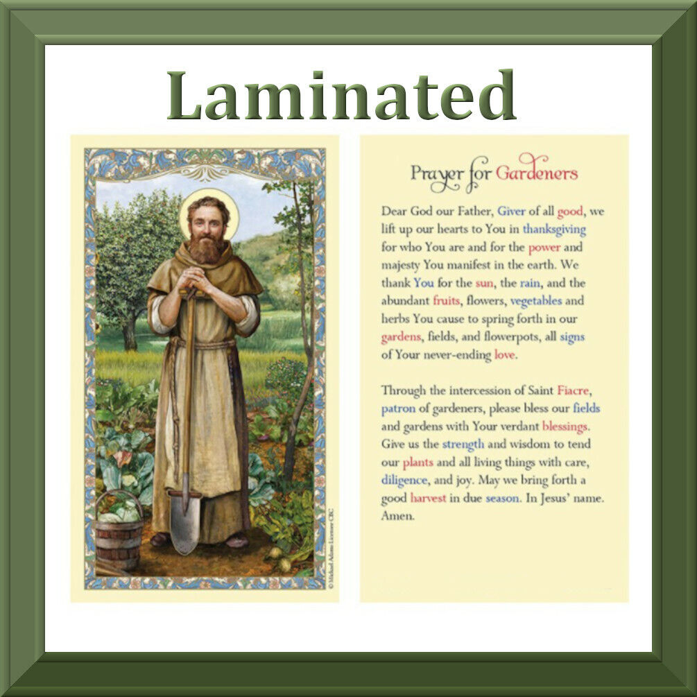 Saint Fiacre Prayer for Gardeners LAMINATED Holy Card Gilded Gold Catholic