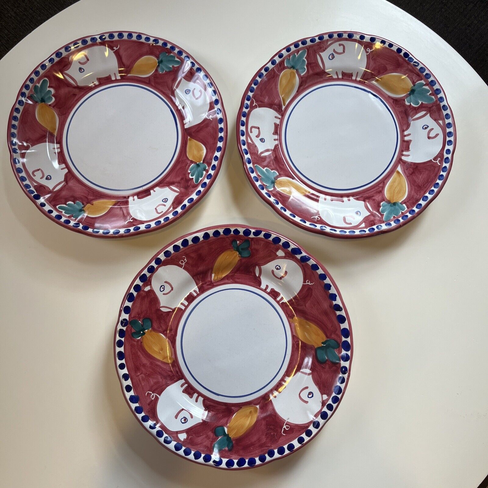 Set Of 3 Vietri Italy CAMPAGNA PIG Red Blue Dinner Plate PORCO Solimene Carrots