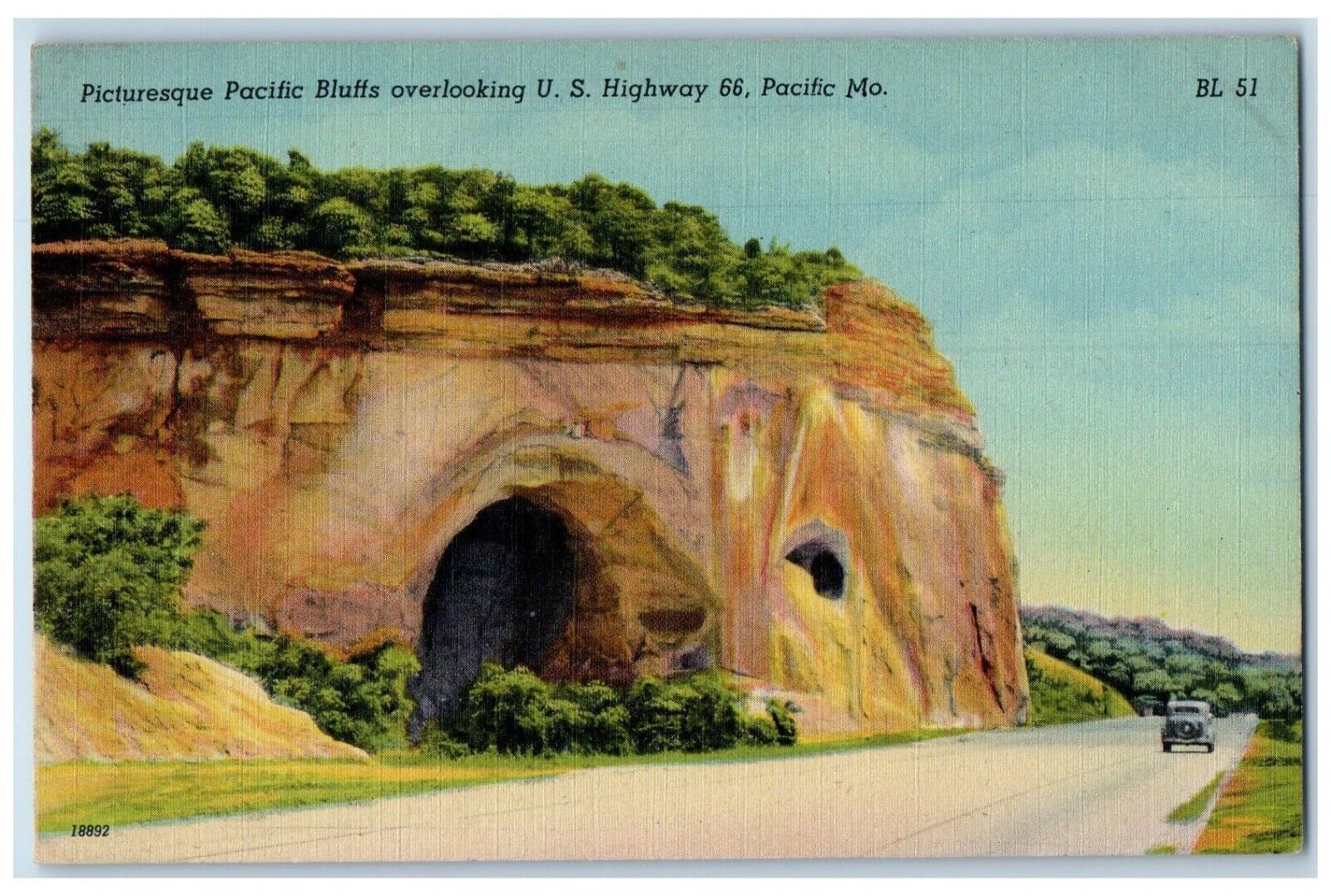 1948 Pacific Bluffs Overlooking US Highway 66 Car Pacific Missouri MO Postcard