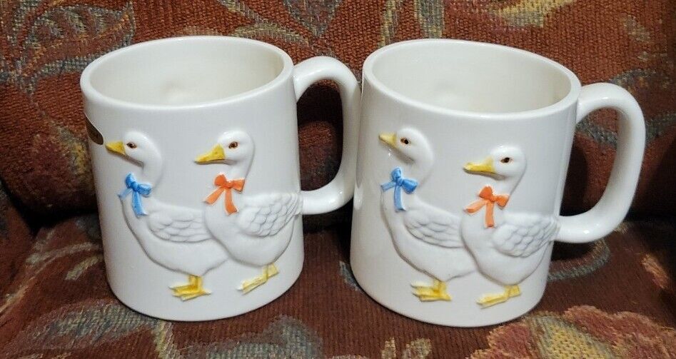 2 Vtg 80s Otagiri 3D Geese Ducks 12 oz Coffee Mugs Hand Crafted Japan