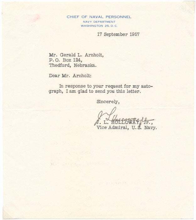 James L HOLLOWAY, Jr / Typed Note Signed