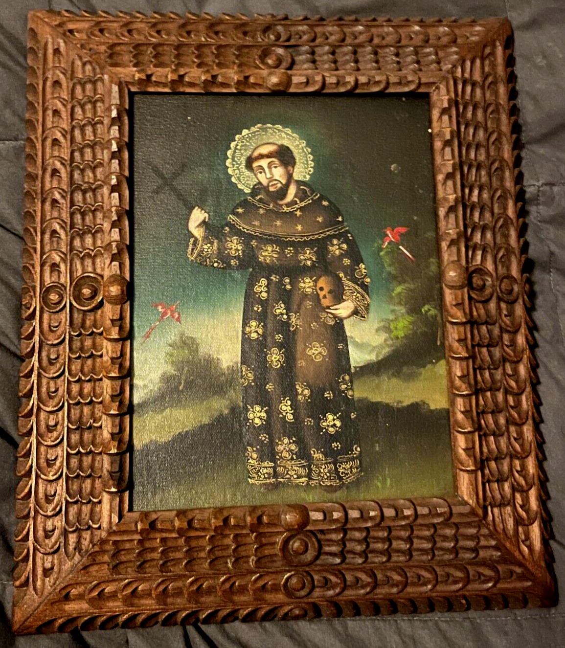 VERY RARE ANTIQUE FRAMED HAND PAINTED ST. FRANCIS OF ASSISI CANVAS ICON