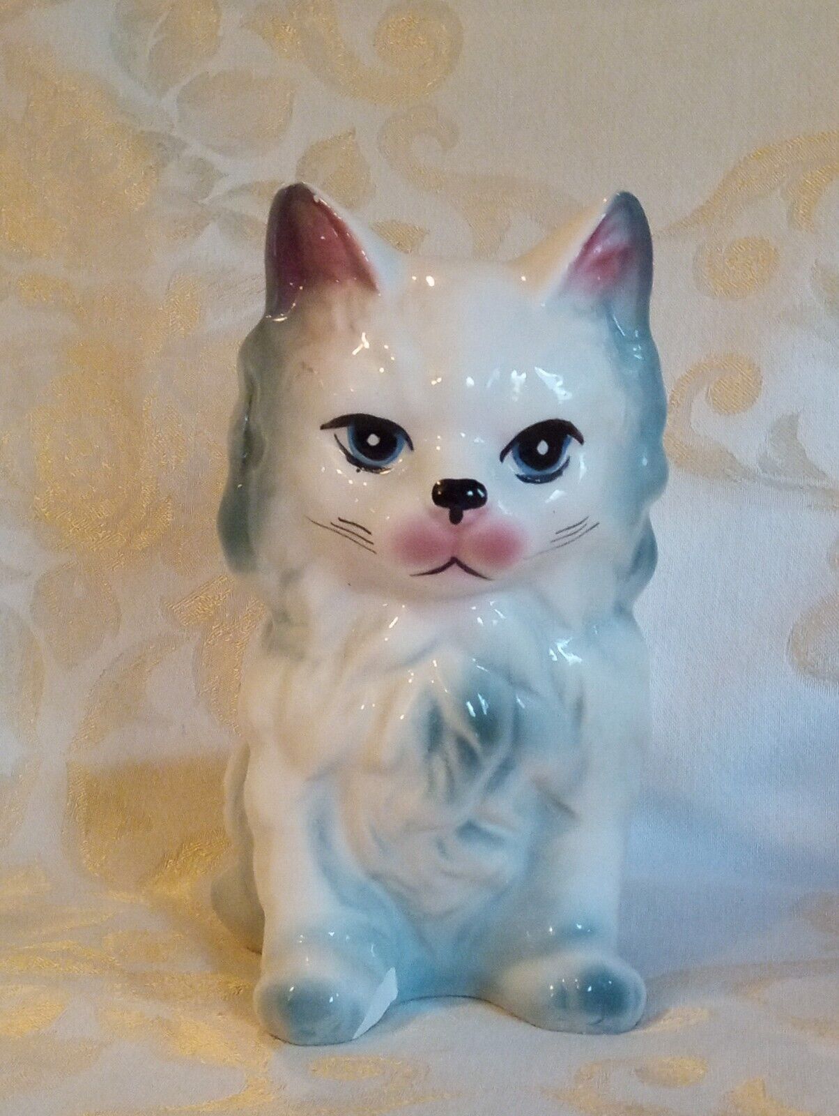 Mid Century Large White Cat Hand Painted Ceramic Planter Blue Pink 7\