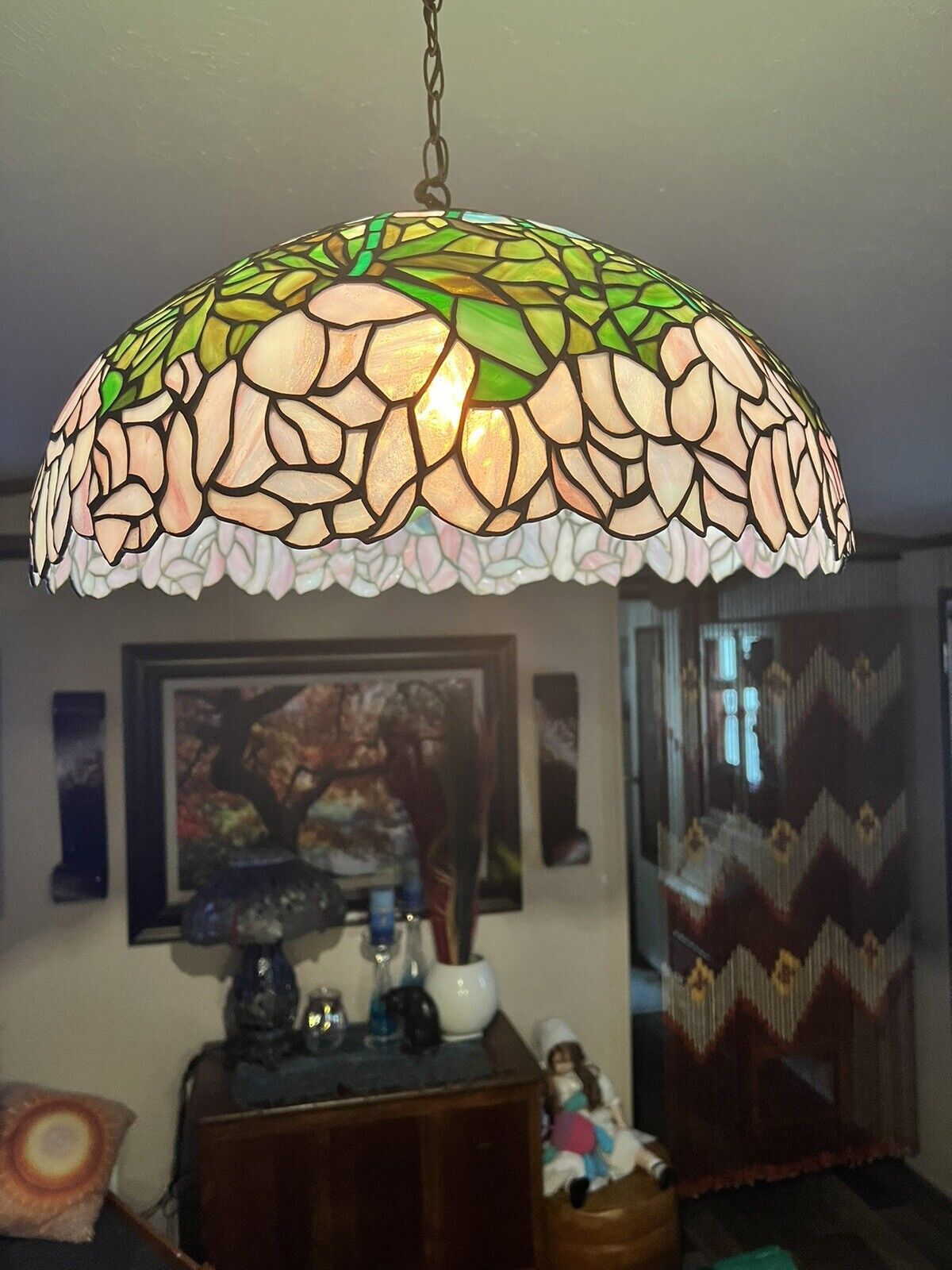 22” Cabbage Rose Tiffany Style Lamp Shade -Requires Wiring Into Ceiling.