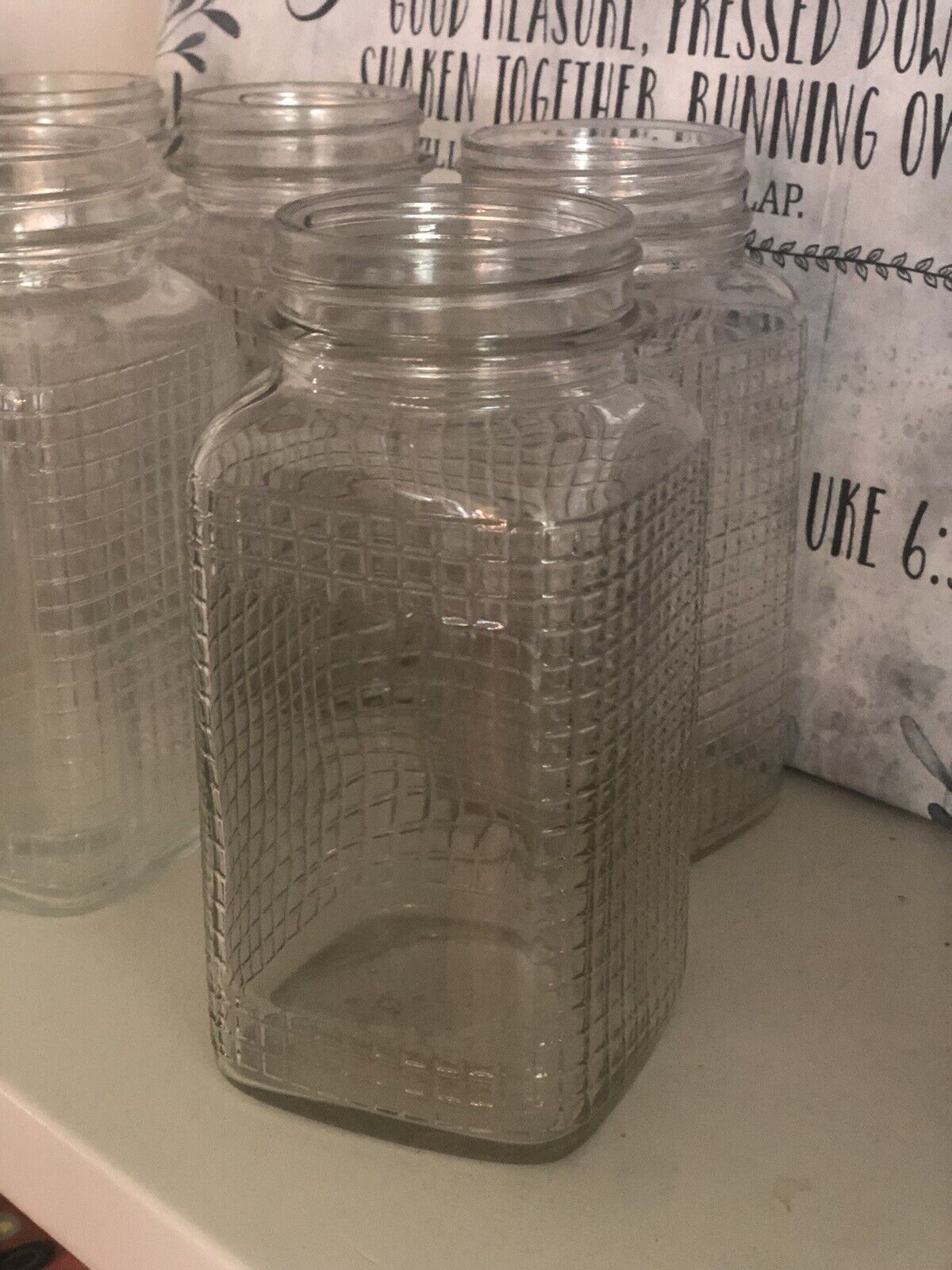 6 Vintage  Glass Quart Canning Jar Quilted Square Waffle Grid Pattern - No Lids