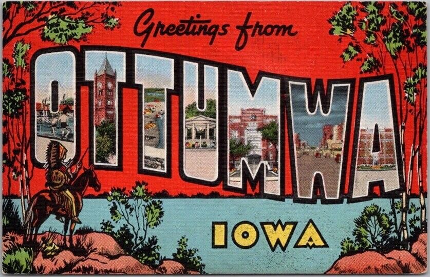 OTTUMWA, Iowa Large Letter Postcard Des Moines River / KROPP Curteich Linen 1943