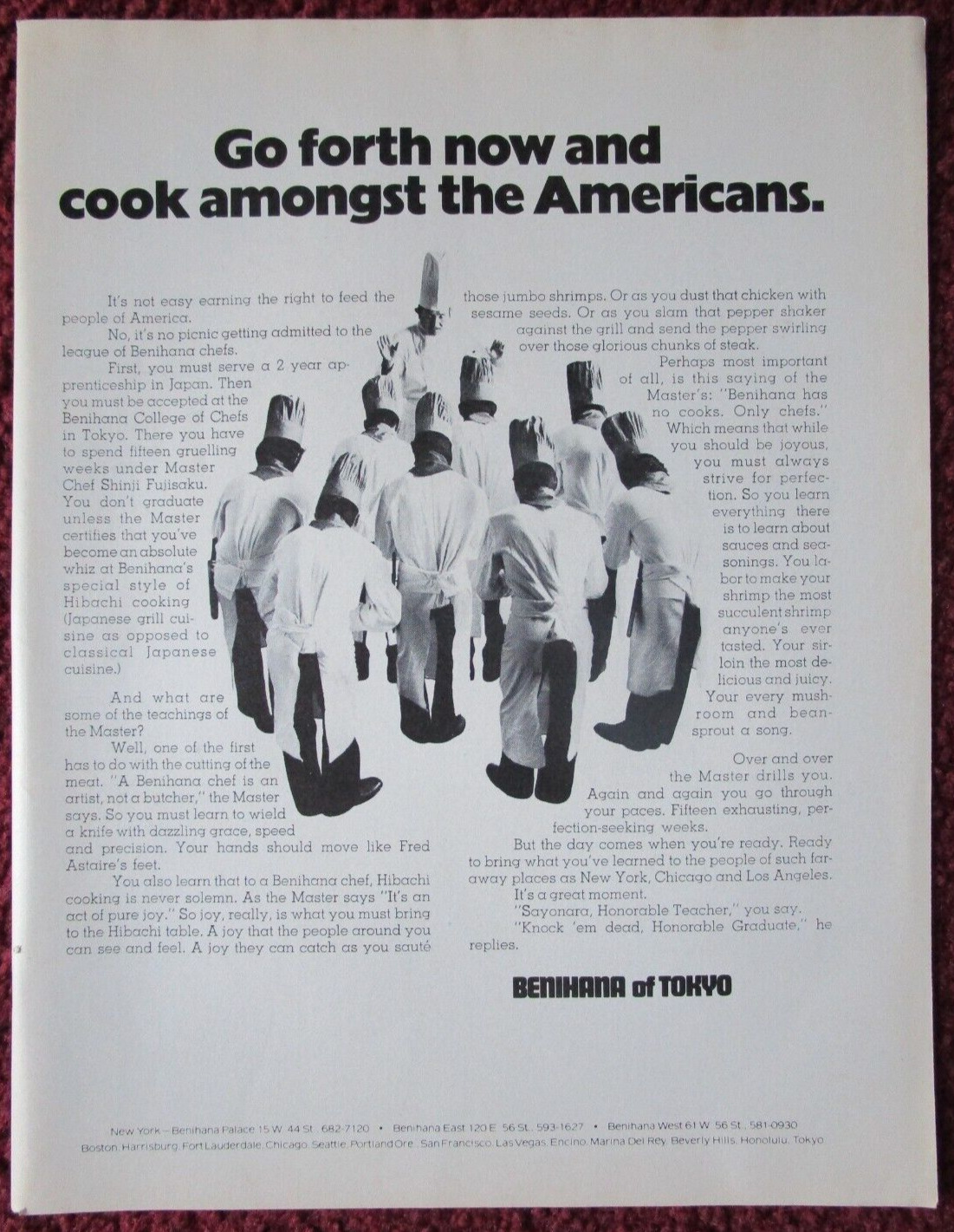 1973 BENIHANA of TOKYO Hibachi Chef Print Ad ~ Cook Amongst the Americans