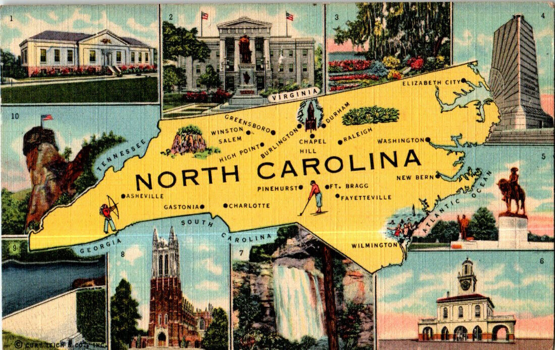 North Carolina Map postcard. Posted 1951 Fort Benning, Georgia