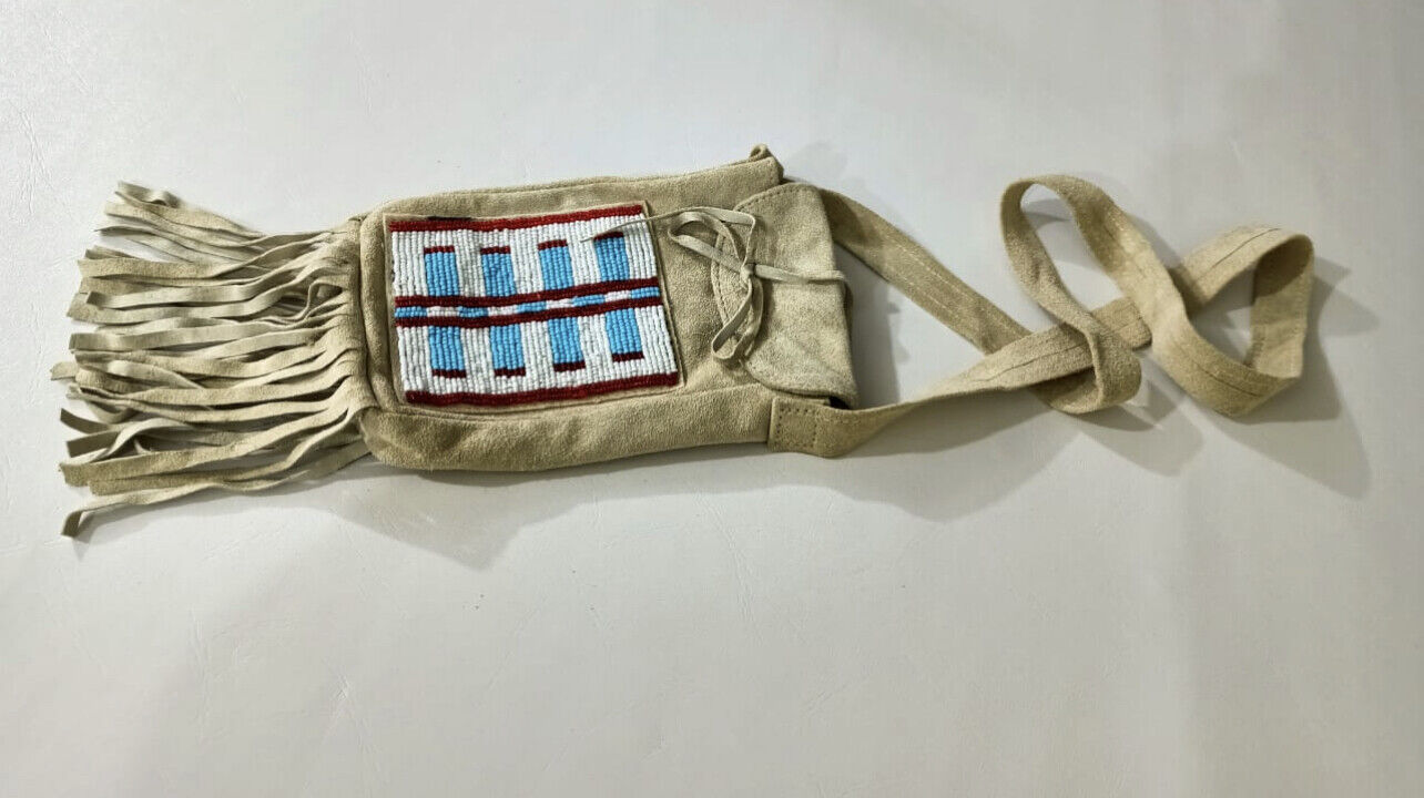 Powwow Handmade Old American Style Beige Suede Hide Beaded Fringe Bag PWBG01